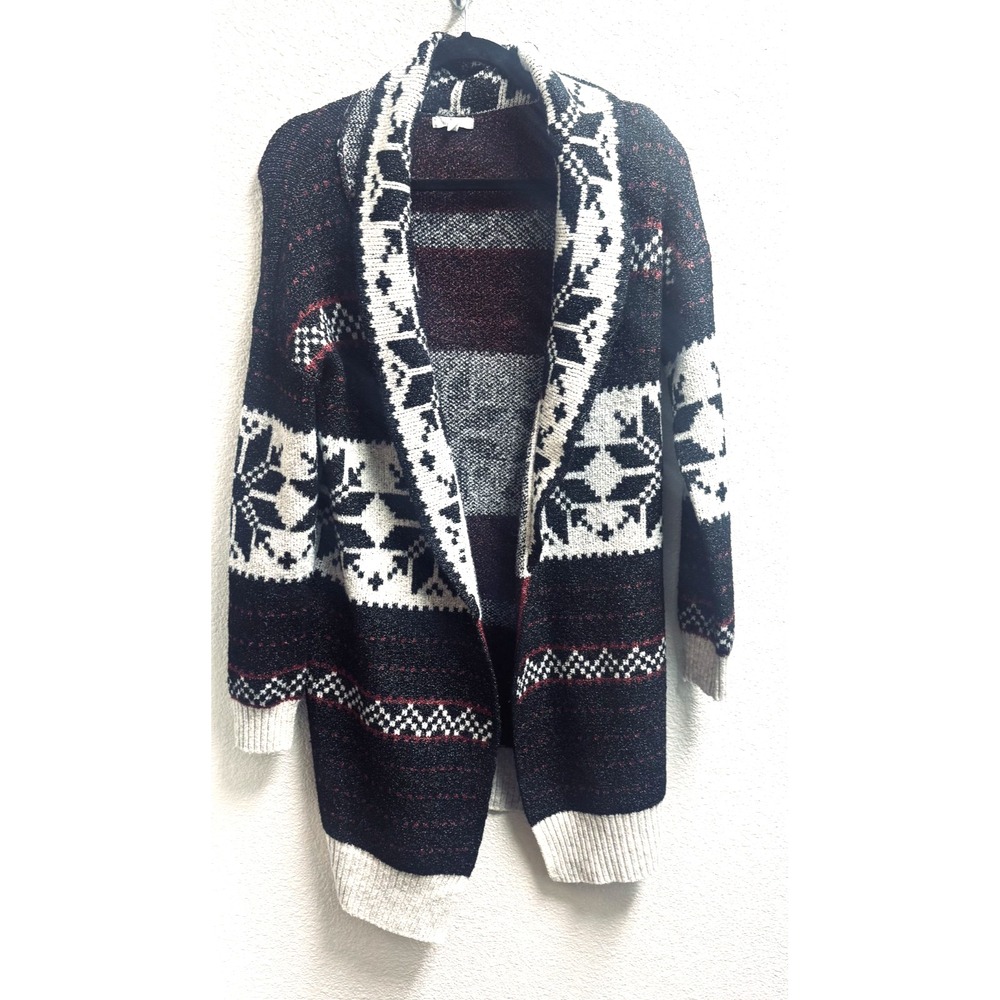Maurices Womens Small Fair Isle Snowflake Shawl Collar Open Front Cardigan Black